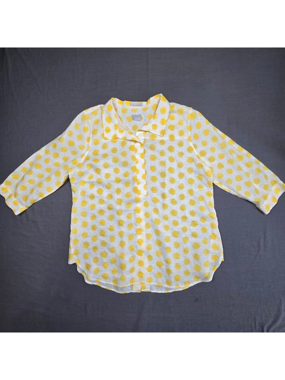 Chicos Sz 1 Medium Button Down Shirt Yellow & White Polka Dot No Iron 100% Linen